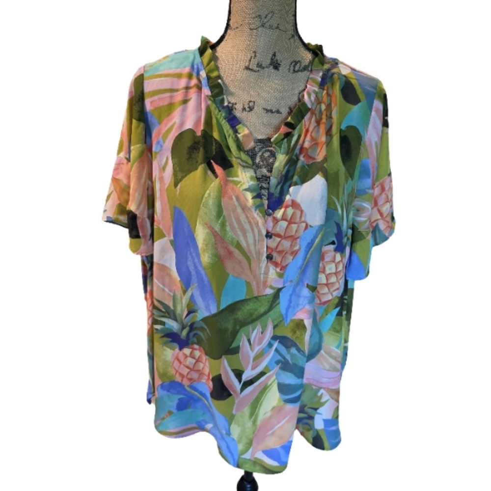 Cynthia Rowley Pineapple Tropical Print‎ Women's Top Blouse Plus Size 2X